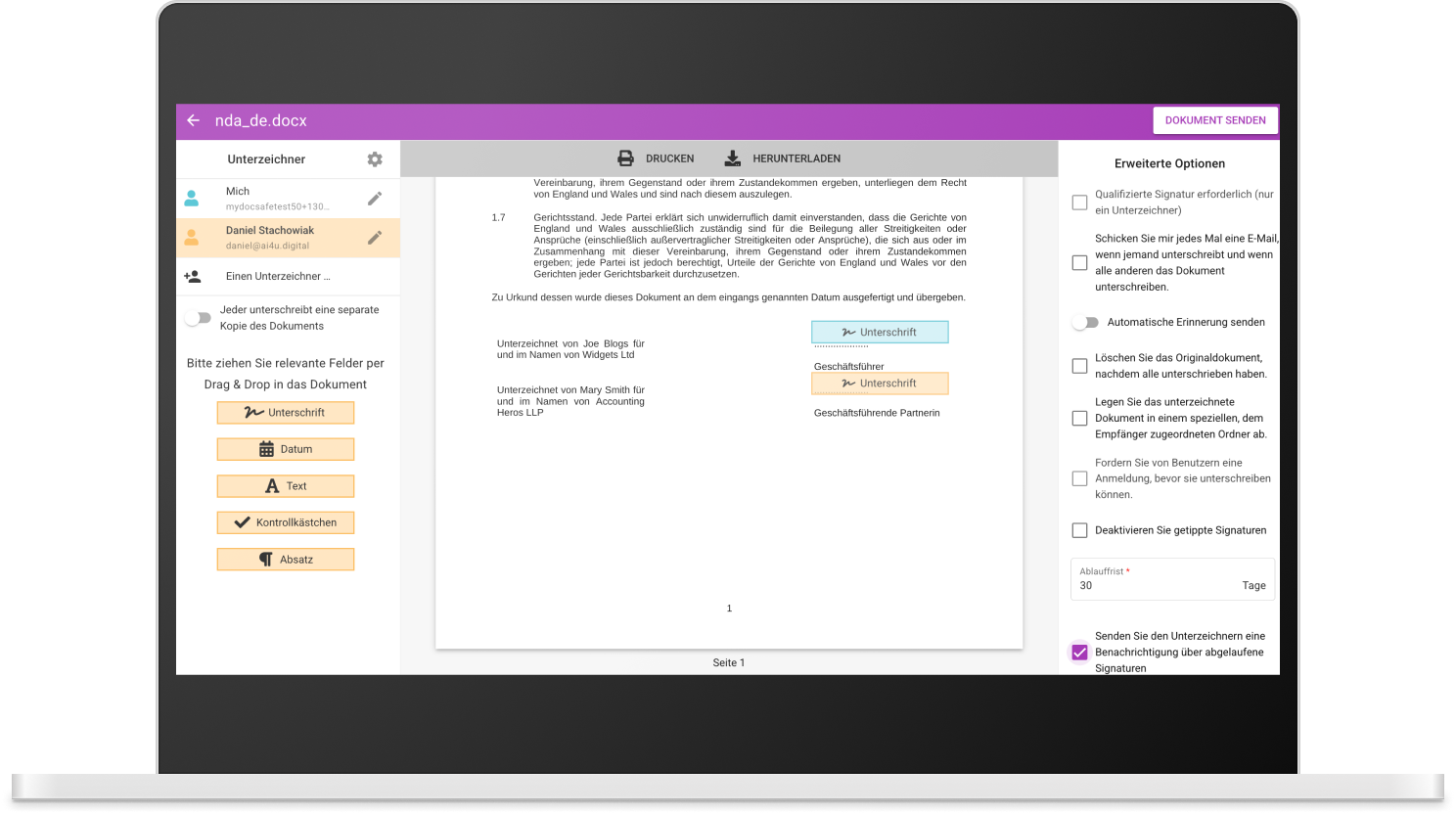 Software für elektronische Signaturen – Dokumentunterzeichnungsfenster