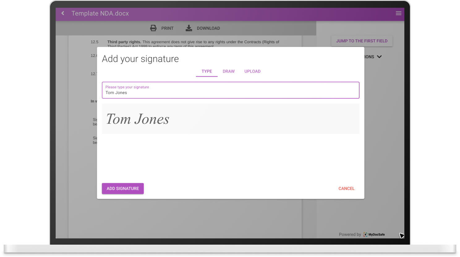 Digital signatures software – add your signature dialog