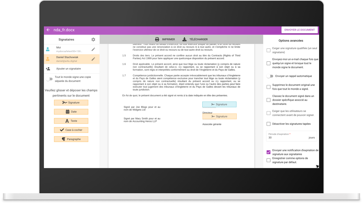 Logiciel de signature électronique – fenêtre de signature de document