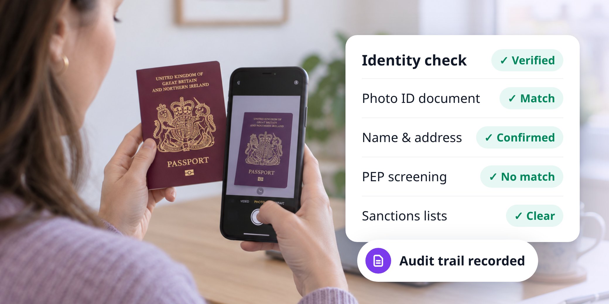 Client verifying her identity with a passport and smartphone, with ID, address, PEP and sanctions checks all passed