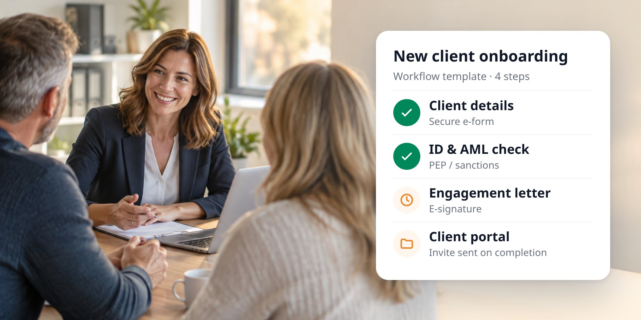 Accountant welcoming new clients, with a four-step onboarding workflow: client details, ID and AML check, engagement letter, client portal