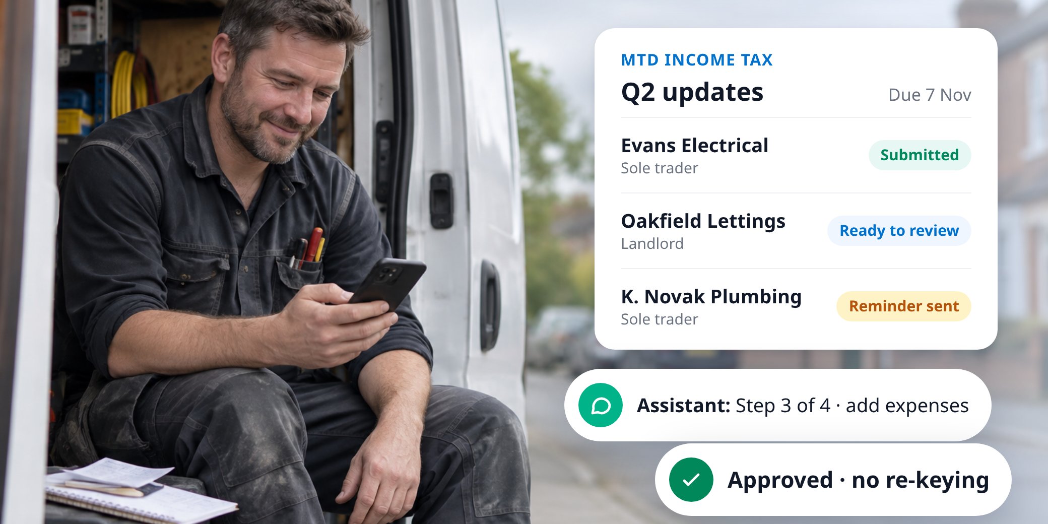Self-employed electrician checking his MTD quarterly update on his phone, with a practice dashboard showing Q2 MTD Income Tax statuses for three clients