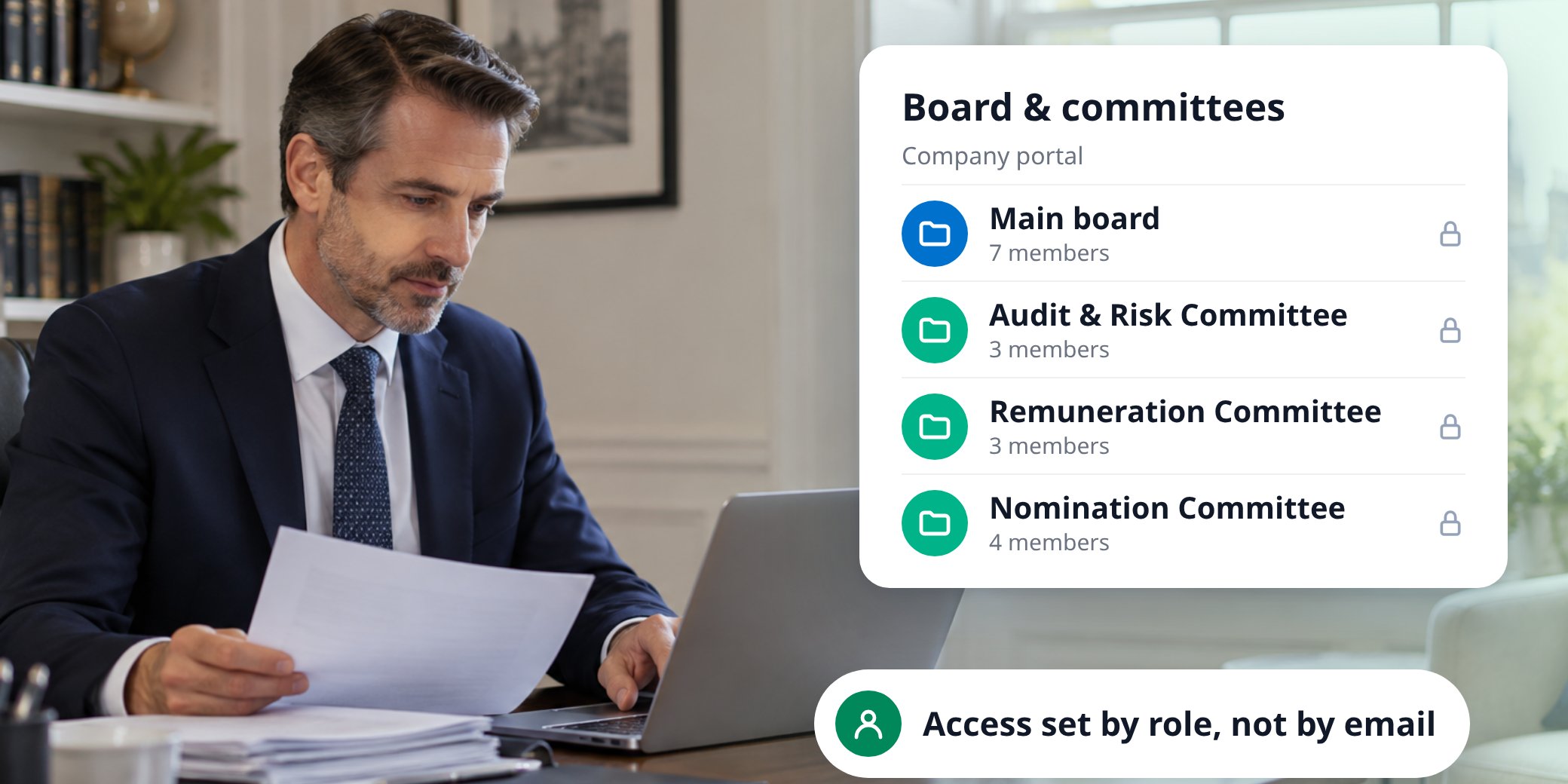 Company secretary at a laptop, with a MyDocSafe company portal showing locked folders for the main board and the audit and risk, remuneration and nomination committees