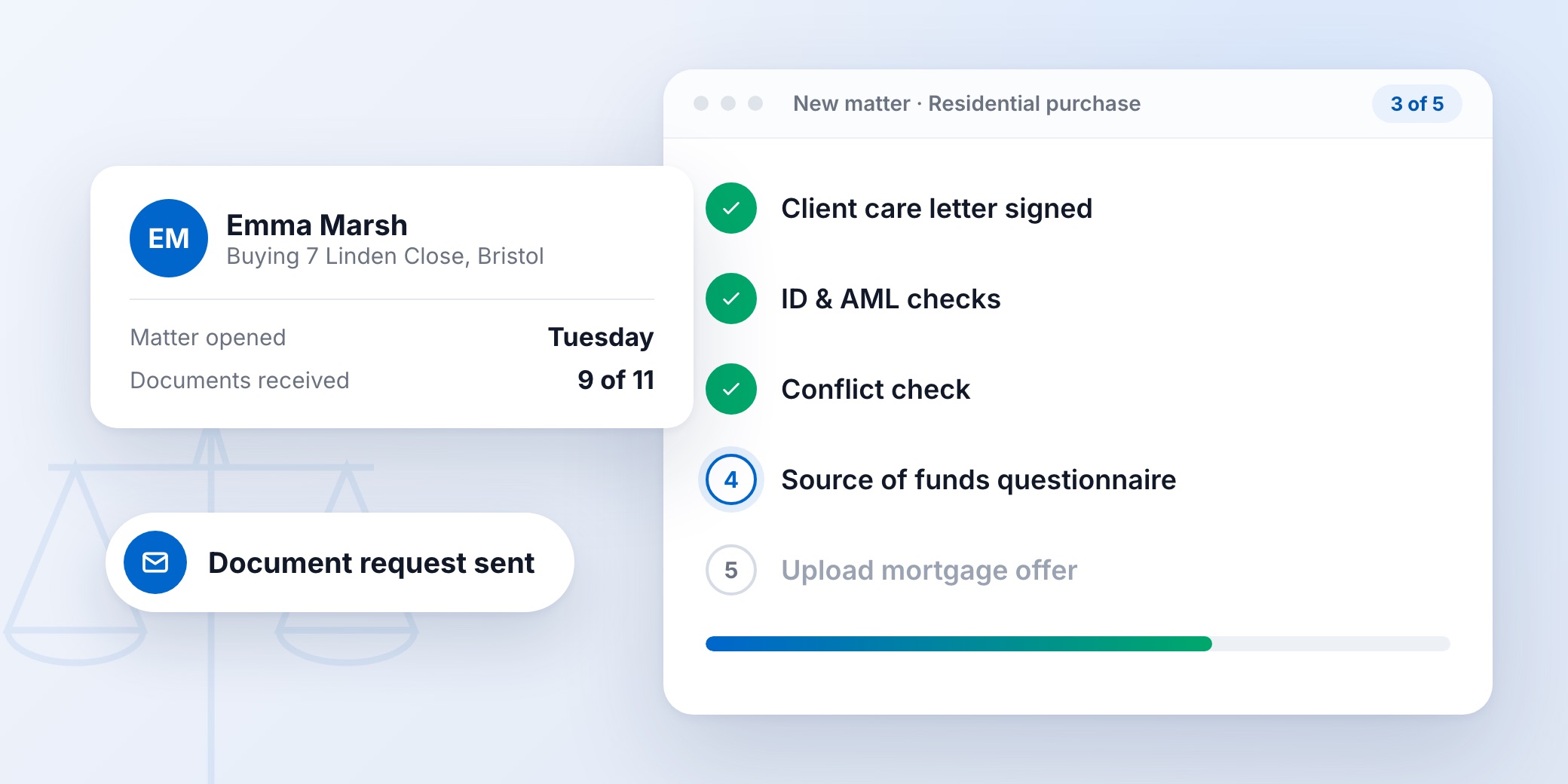 New residential purchase matter with client care letter, ID and AML and conflict check complete and a source of funds questionnaire in progress