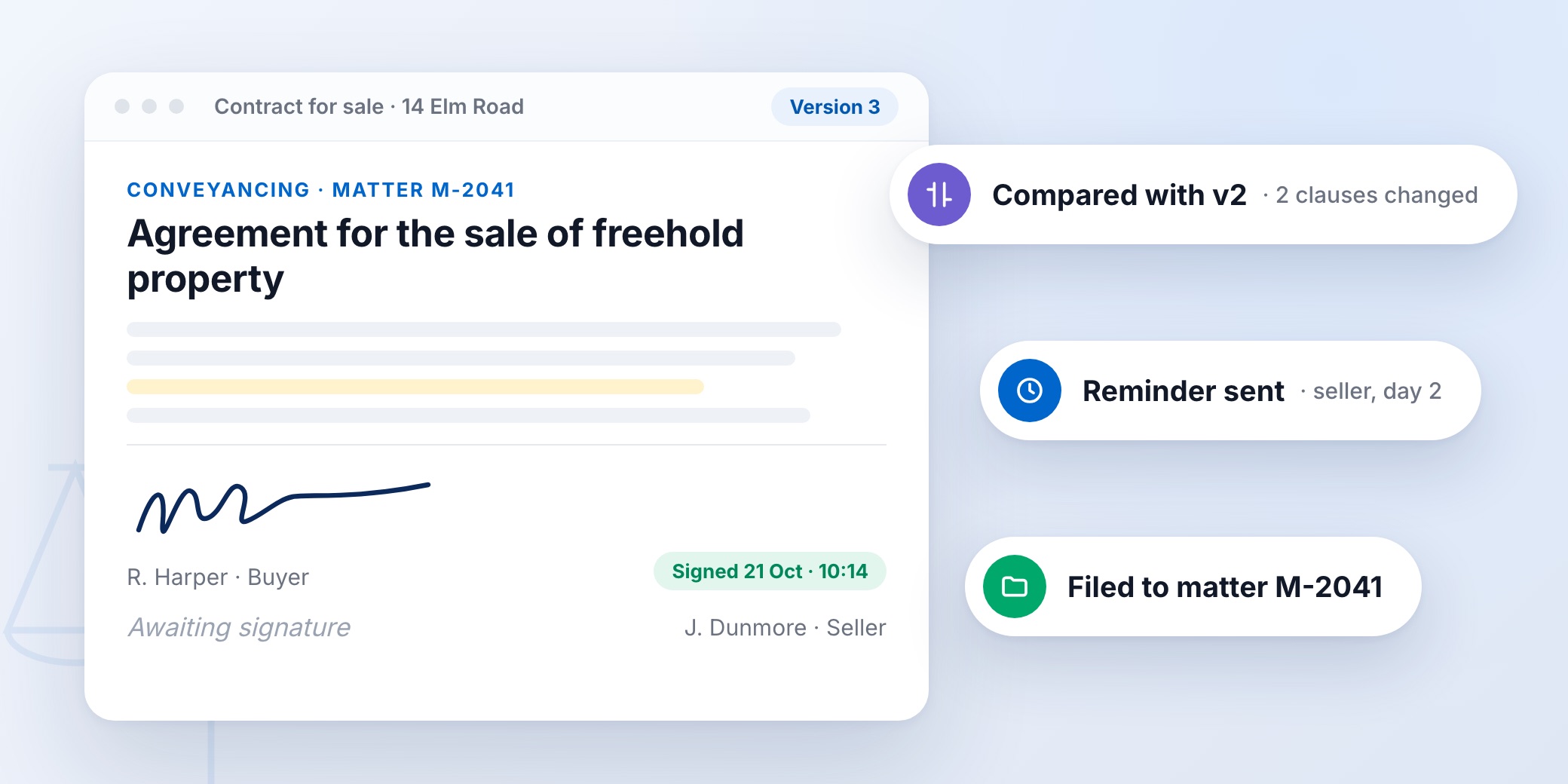 Conveyancing contract signed electronically by the buyer and awaiting the seller, with version comparison, reminder and filing-to-matter notifications