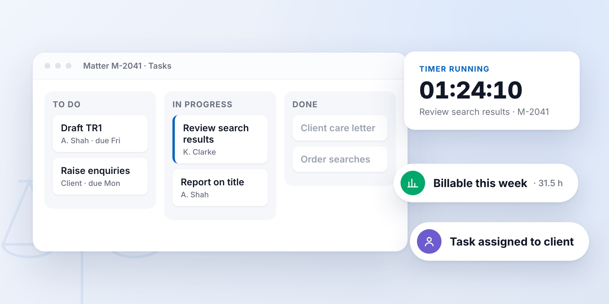 Task board for a conveyancing matter with to do, in progress and done columns, a running timer and weekly billable hours