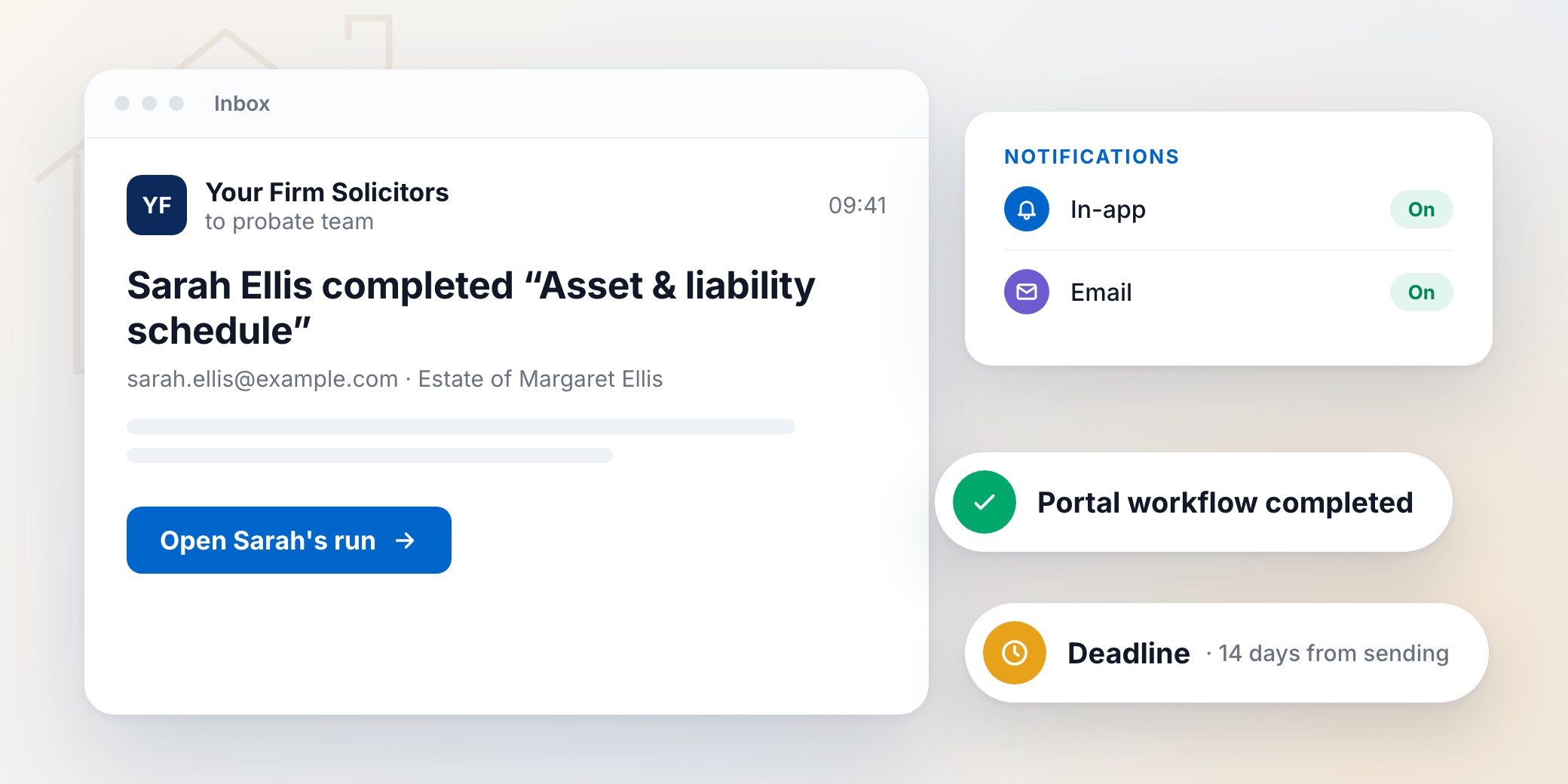 Branded email telling the probate team an executor completed the asset and liability schedule, with in-app and email notifications on