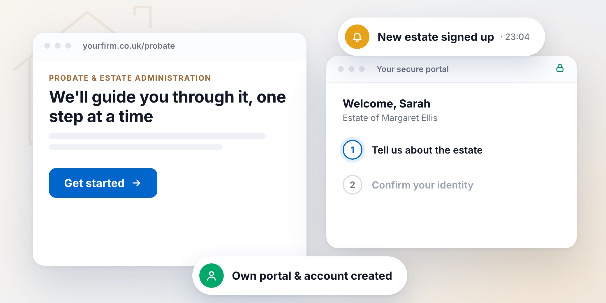 Get started button on a probate firm's website opening the executor's own secure portal, with a new estate sign-up notification
