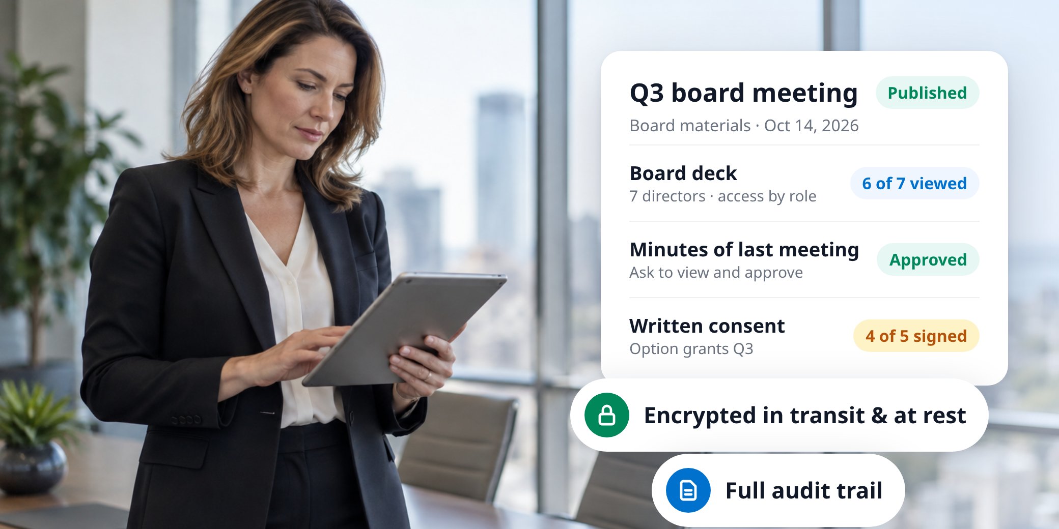 CEO reviewing board materials on a tablet in a glass-walled conference room, with MyDocSafe showing the Q3 board deck published, minutes approved and a written consent 4 of 5 signed