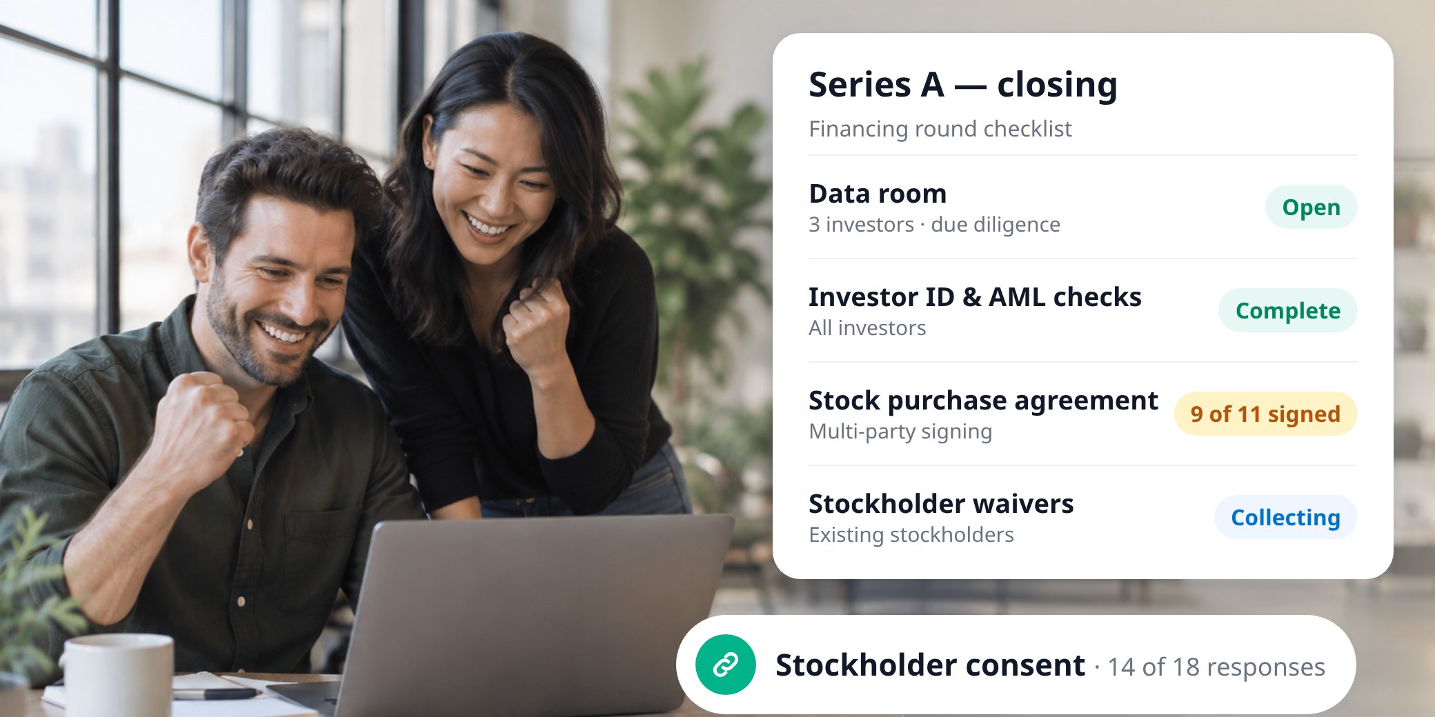 Two founders celebrating at a laptop during a Series A financing, with a MyDocSafe closing checklist covering the data room, investor ID and AML checks, stock purchase agreement signing and a stockholder consent