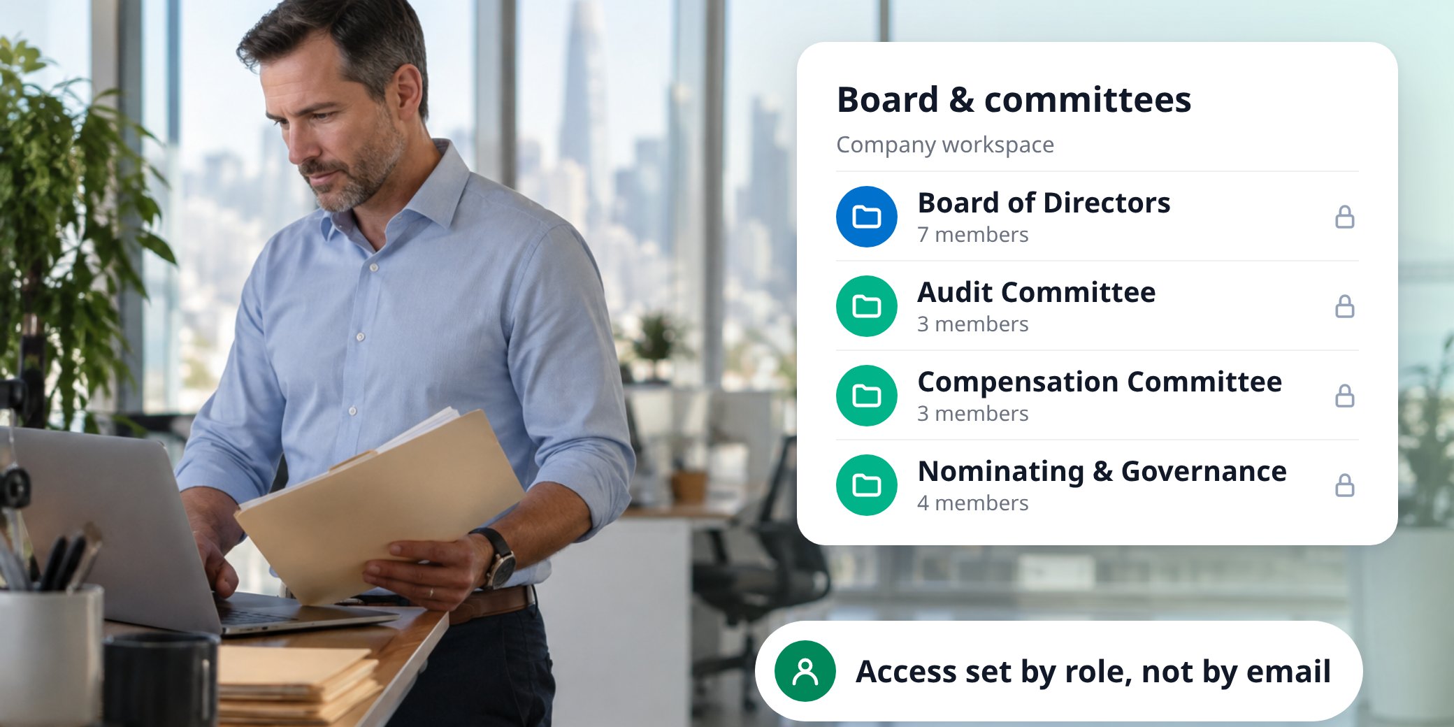 General counsel at a standing desk, with a MyDocSafe company workspace showing locked folders for the board of directors and the audit, compensation and nominating and governance committees