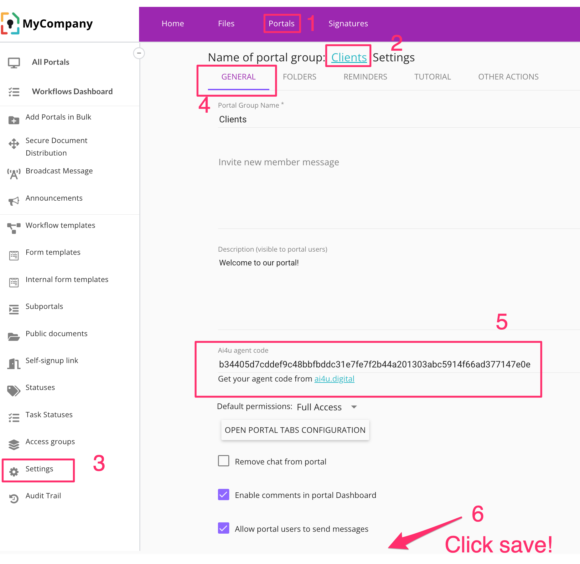 Where to enter ai4u agent code in mydocsafe