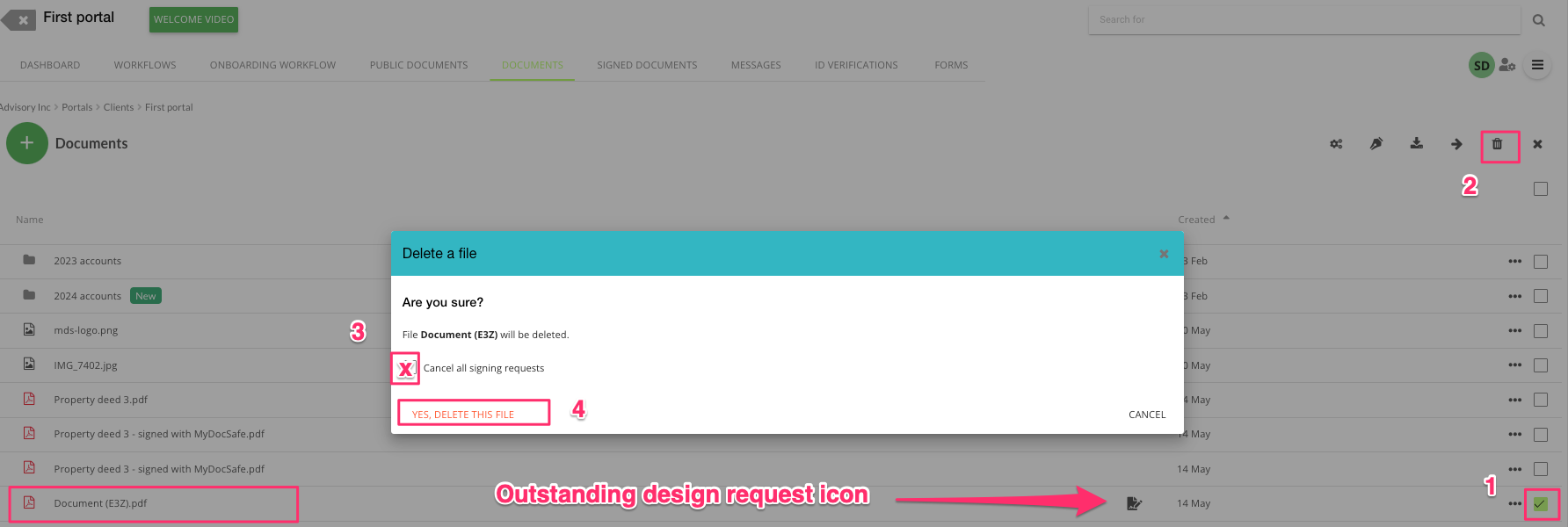 MyDocSafe elimina un documento inviato per la firma e annulla le richieste di firma elettronica
