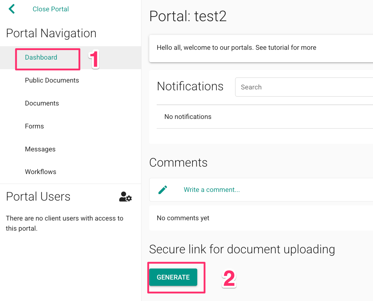 Cree un enlace seguro de carga de documentos en el portal MyDocSafe
