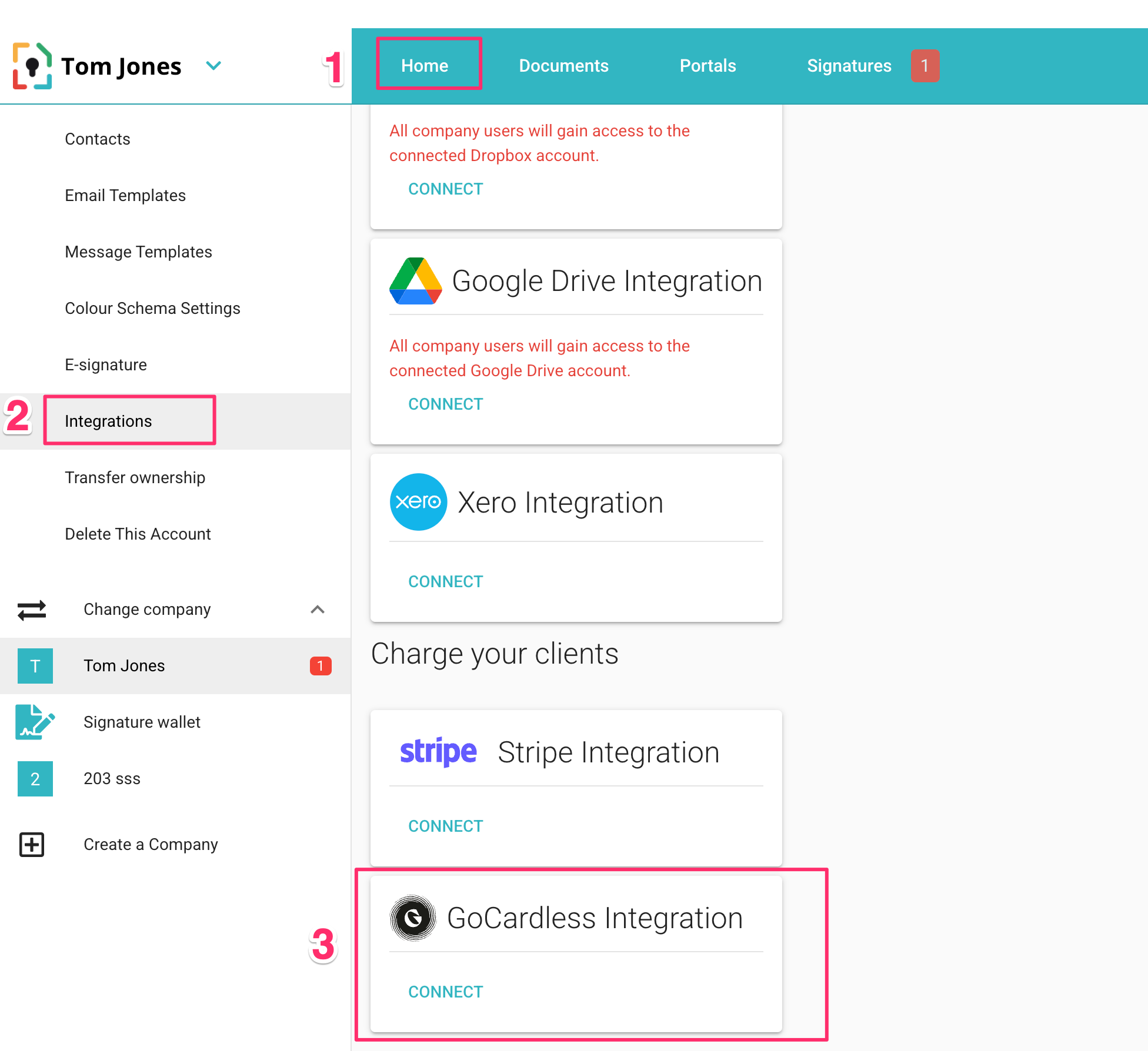 GoCardless integratie-instellingen in MyDocSafe account
