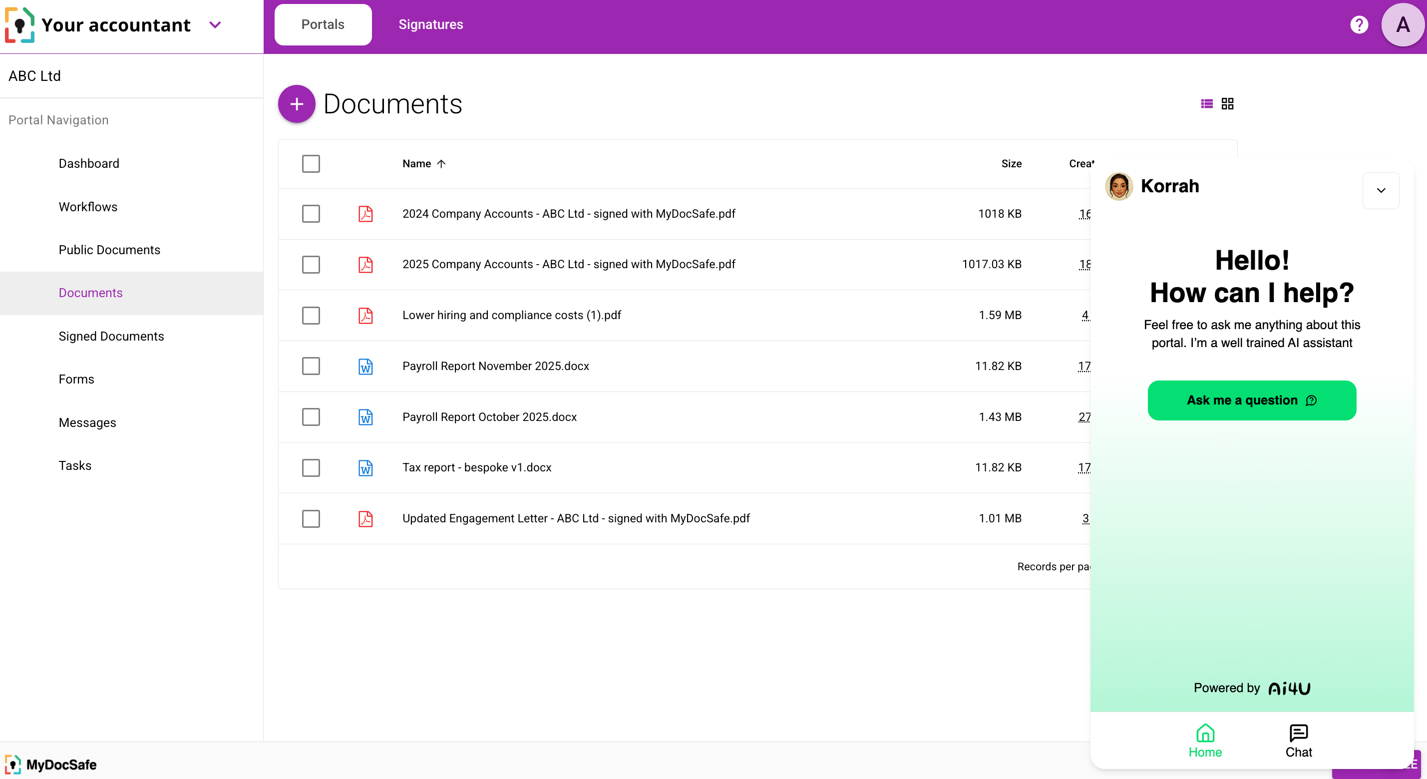 MyDocSafe portals with embedded Korrah - our ai assistant