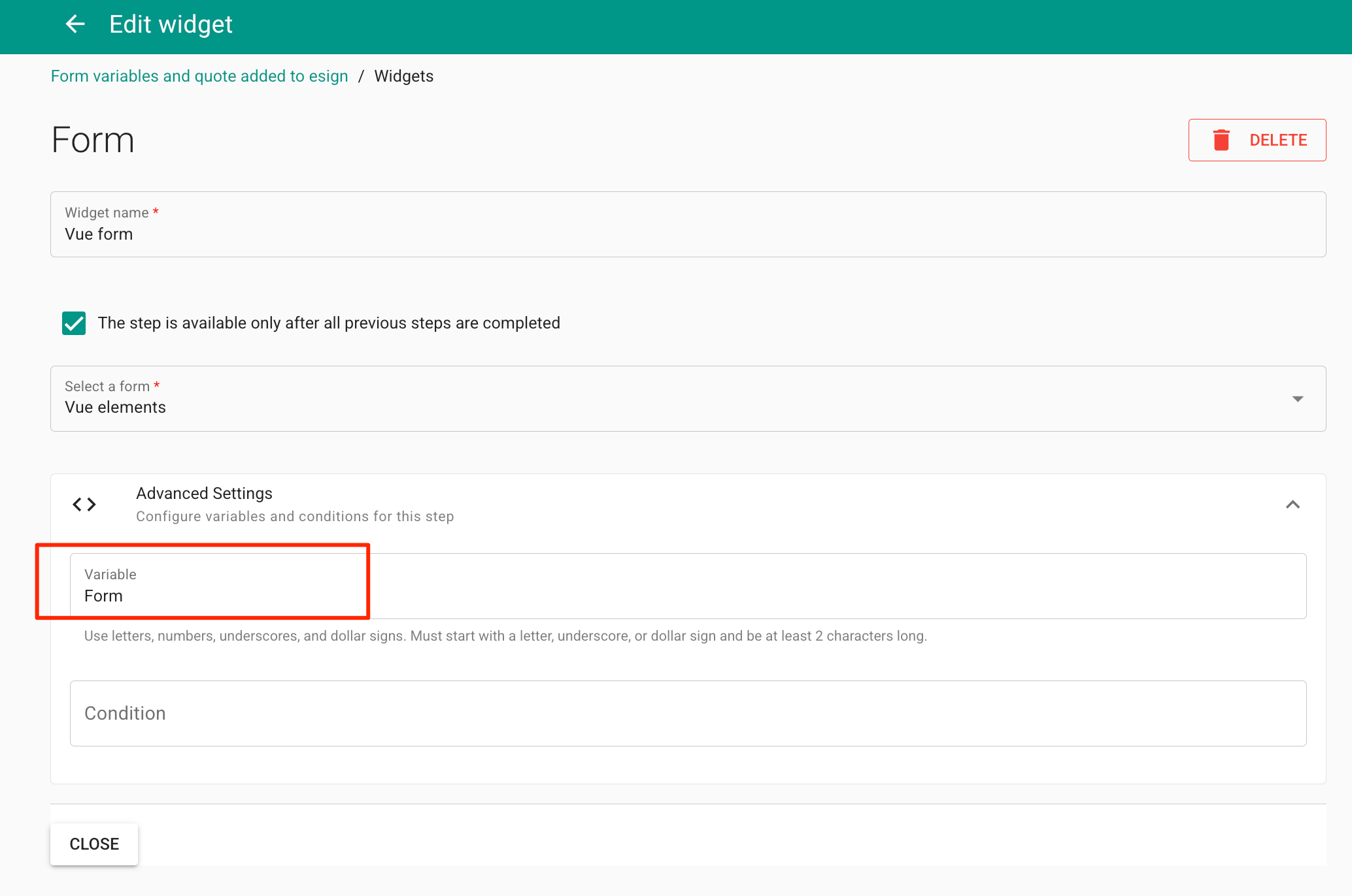 Variable de formulario en la plantilla de flujo de trabajo MyDocSafe