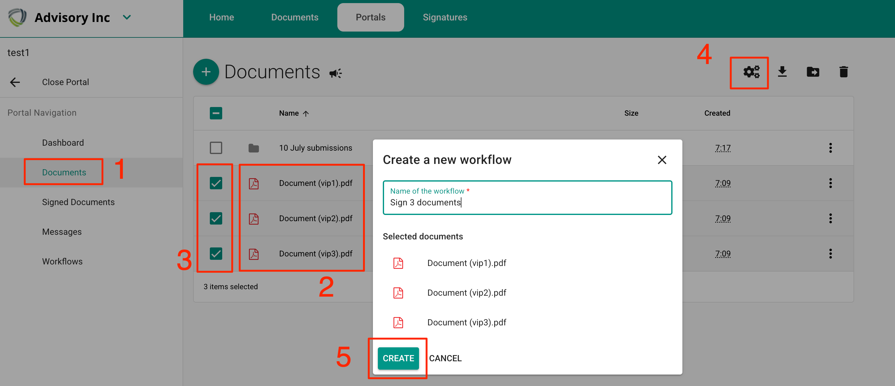 Envío de varios documentos a un cliente a través de un flujo de trabajo de portal seguro por MyDocSafe
