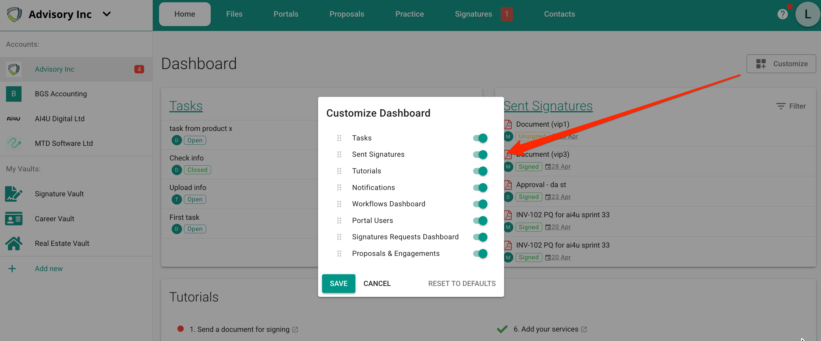 MyDocSafe personnaliser le tableau de bord du compte