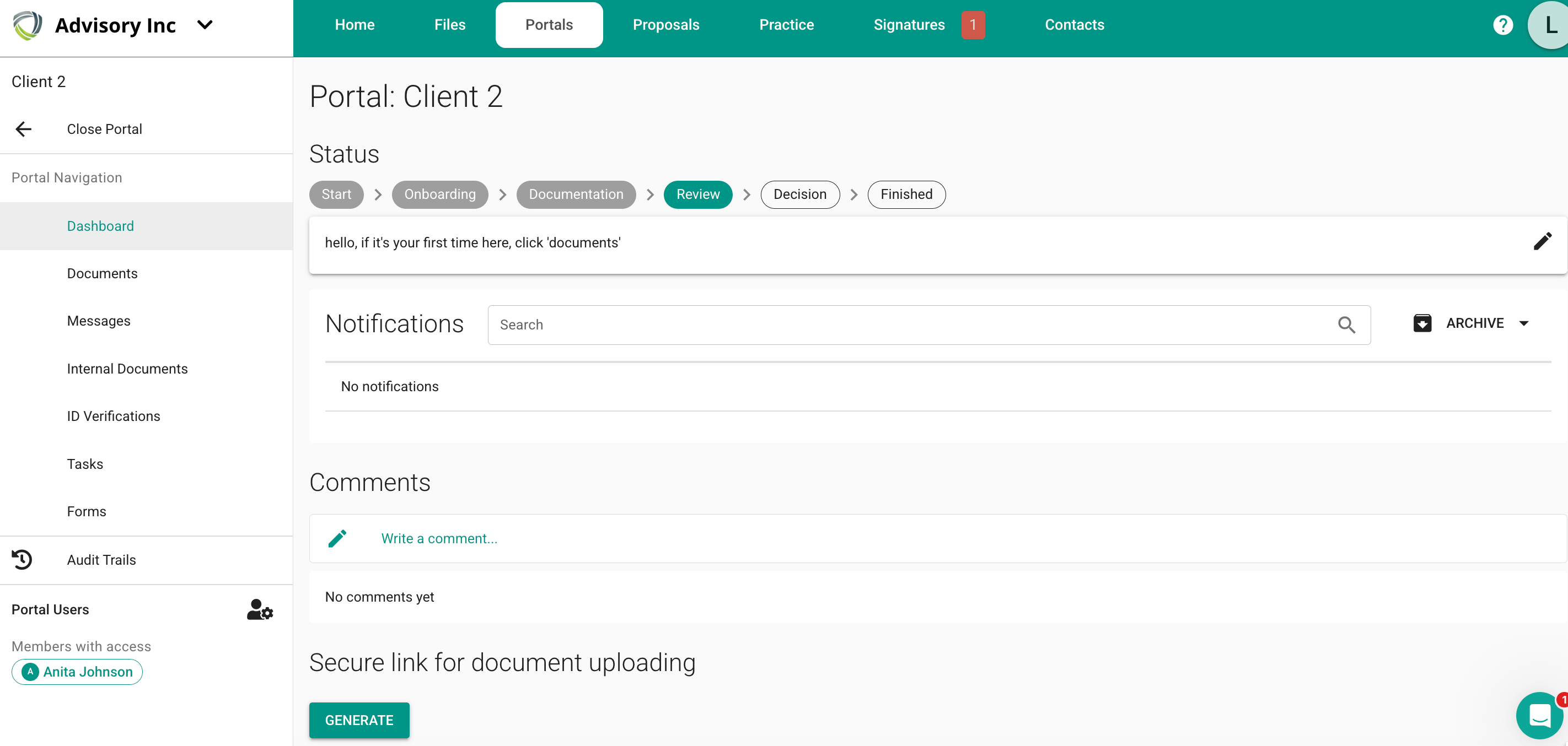 MyDocSafe barre de statut sur le tableau de bord du portail