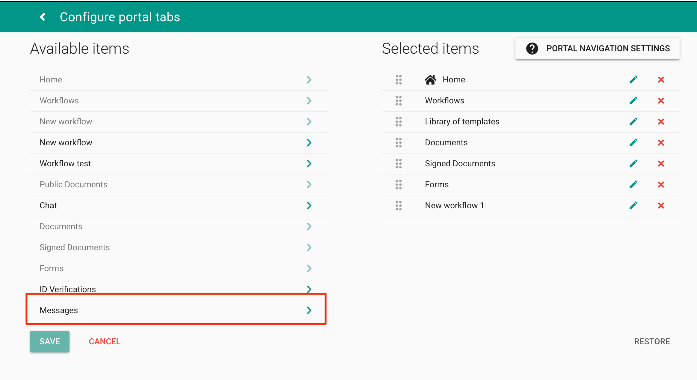 MyDocSafe Messages Configure Portal Tabs