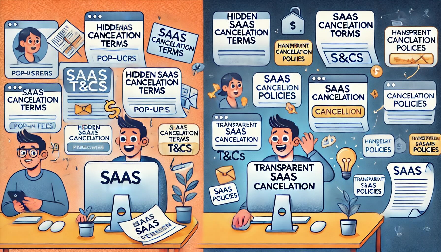 An illustration depicting a customer struggling with complex SaaS cancellation policies. The image should show a customer at a computer, frustrated with SaaS cancellation policies