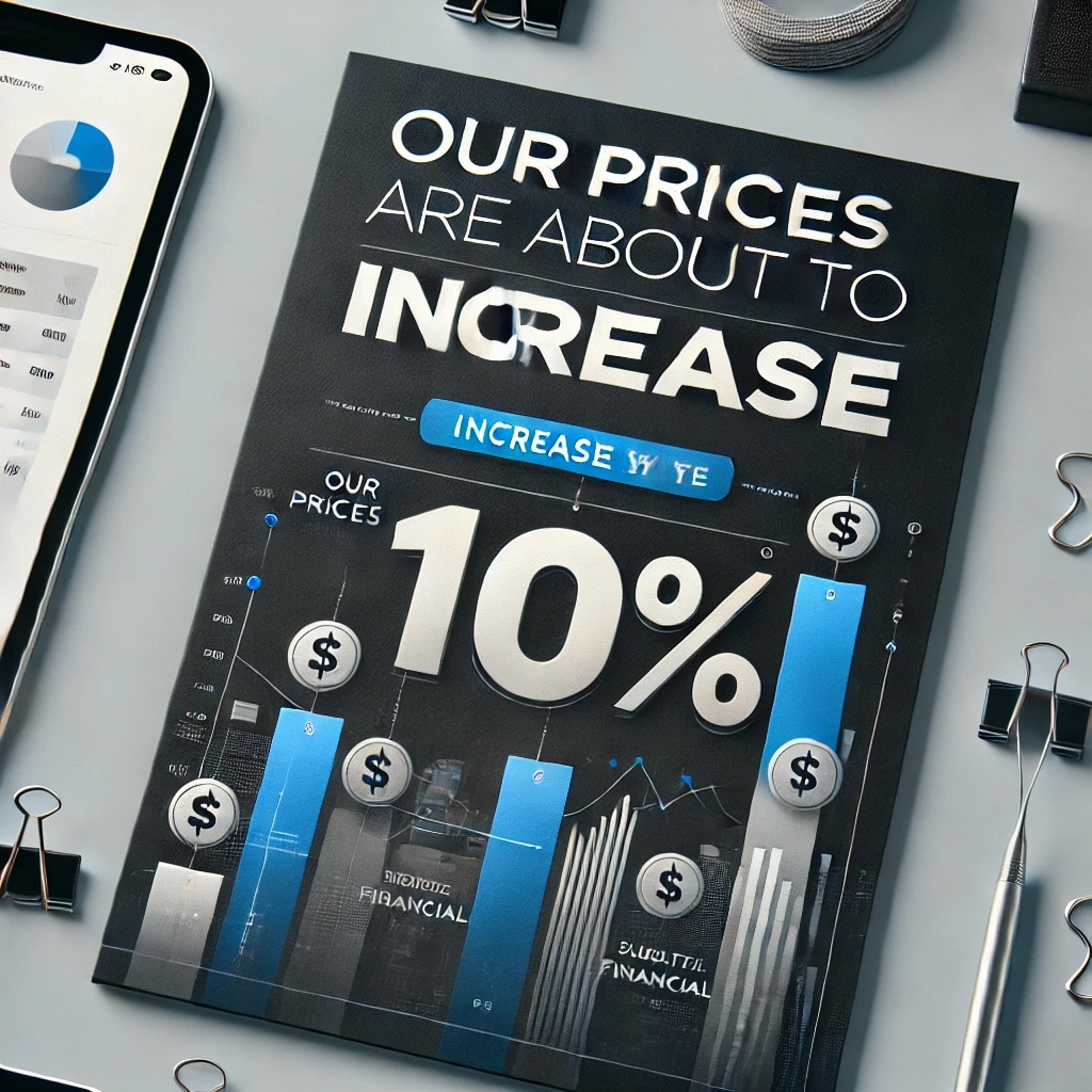 A modern and sleek blog post header image featuring the text 'Our Prices Are About to Increase by 10%' prominently