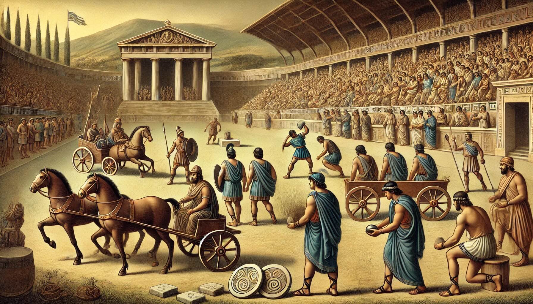 Athletes-competing-in-traditional-Greek-sports-like-discus-throw-and-chariot-racing-in-an-ancient-stadium.-In-the-background-heralds-are-delivering the message