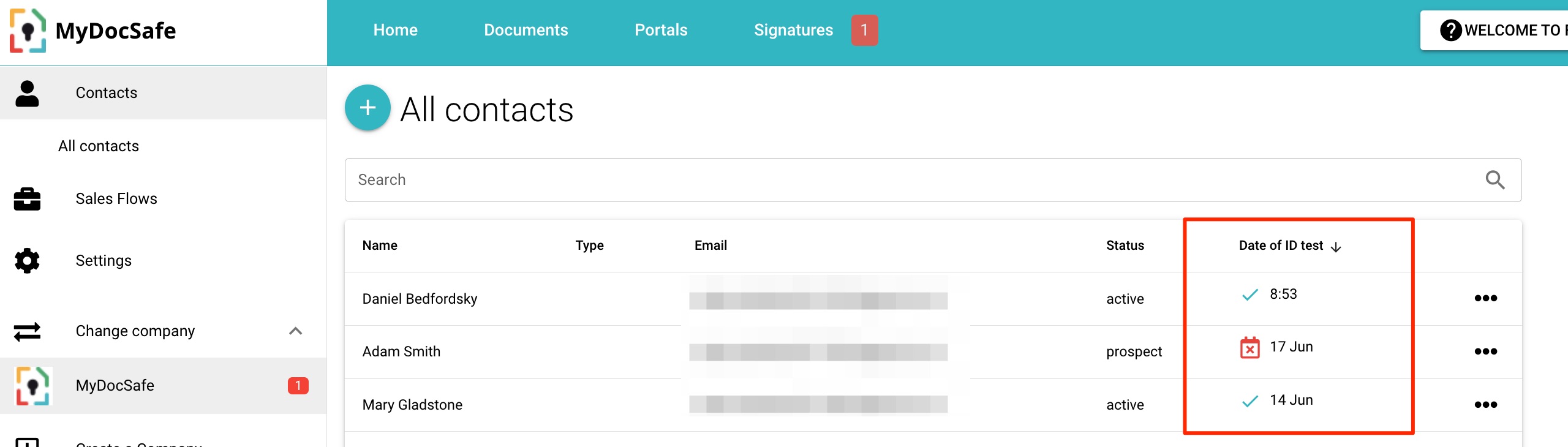 MyDocSafe - contacts dashboard with ID verification results and expiry dates