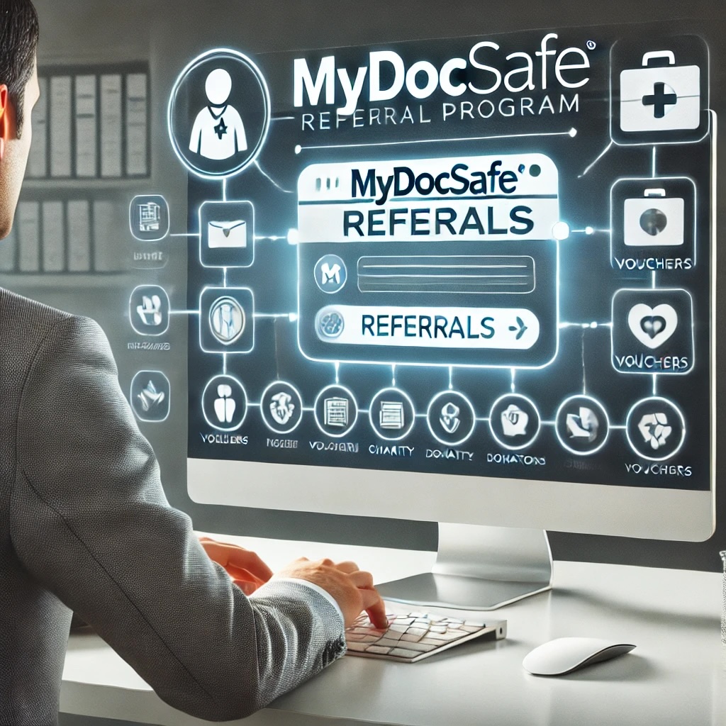 MyDocSafe referral program with a business professional using a computer. On the computer screen, prominently display the MyDocSafe