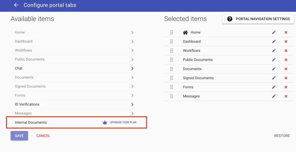 Internal document areas in portals