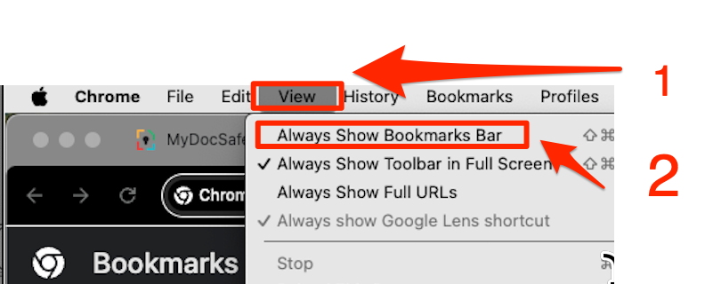Expose bookmarks menu in your browser to find mydocsafe easier
